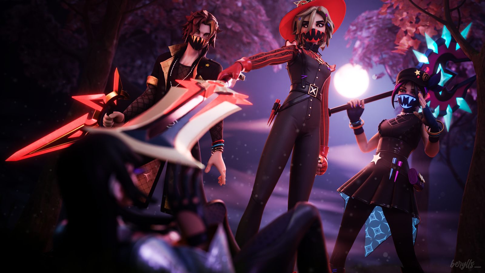 Three characters in a night forest