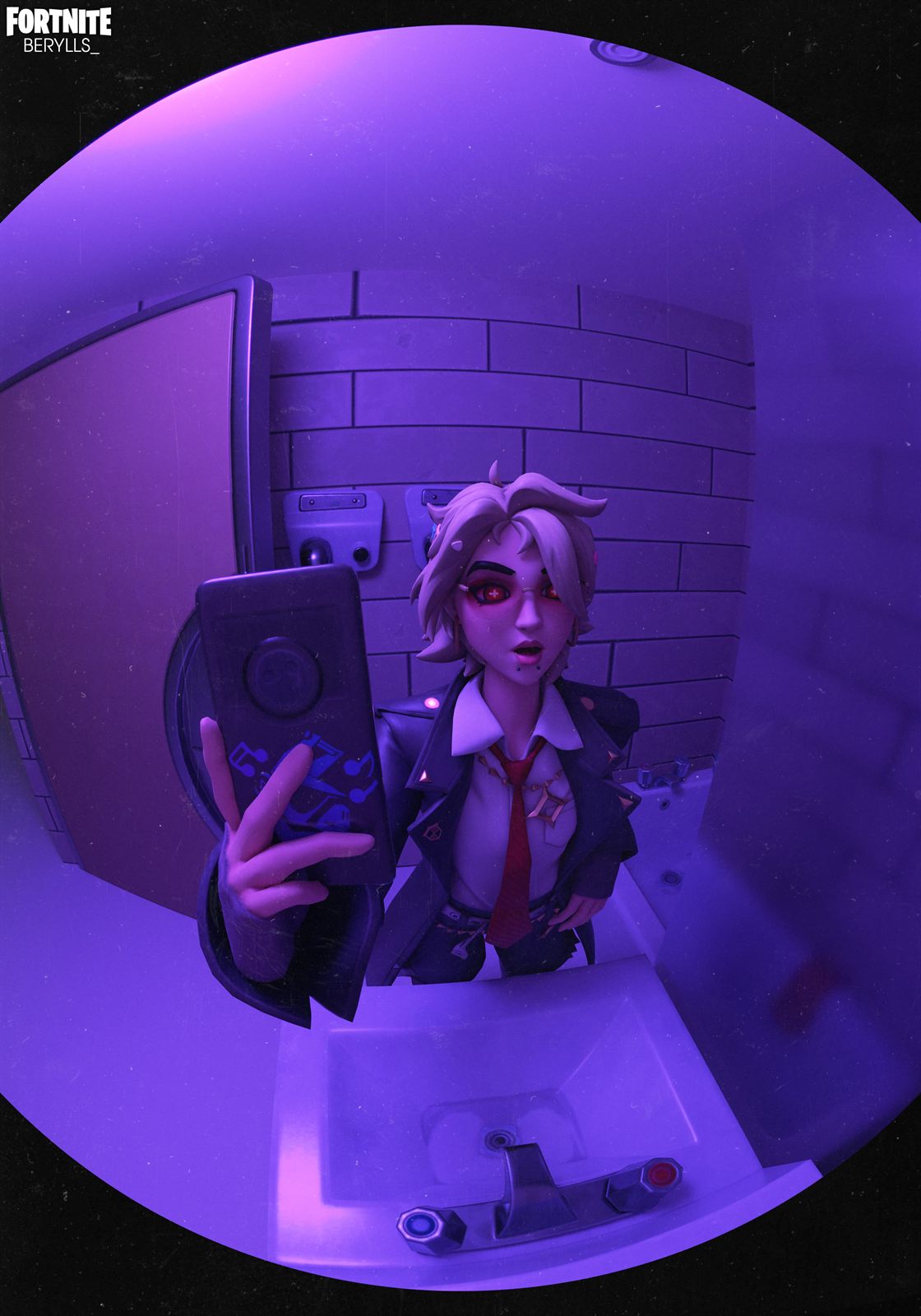 Half body render, fisheye bathroom scene