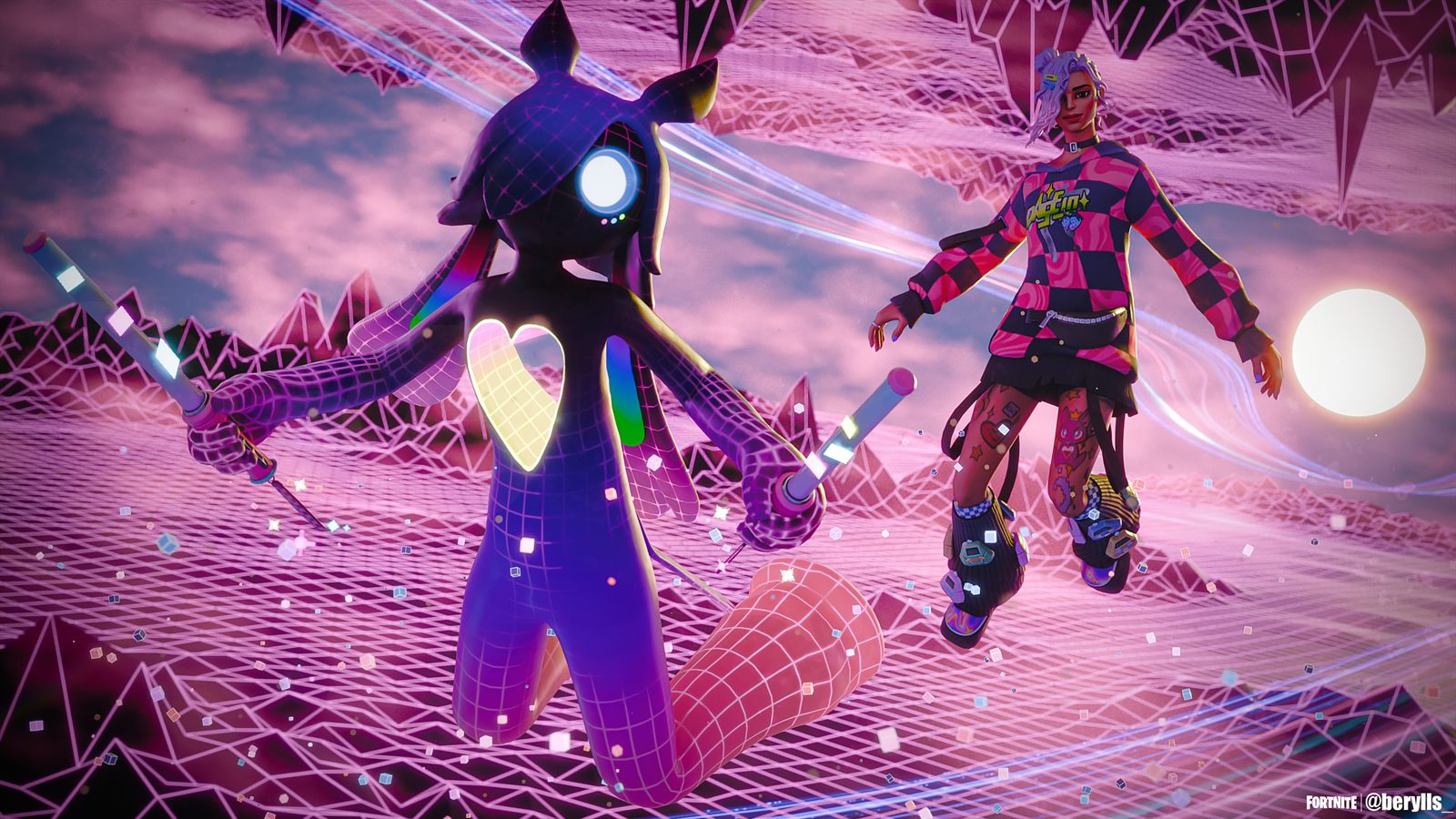 Two characters floating over a neon grid