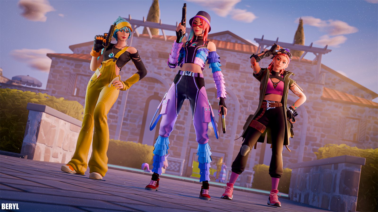 Three characters posed in front of a villa
